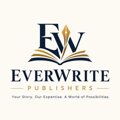 EverWrite Publishers emblem: EW monogram with pen nib and open book